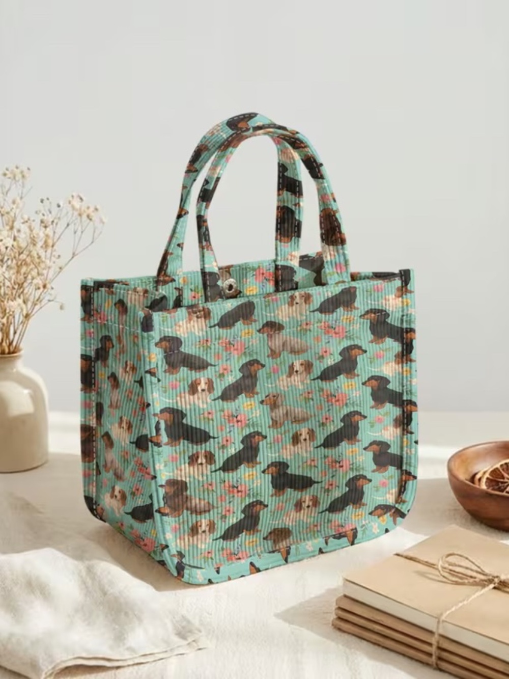 Dachshund Floral Mint Green Corduroy Tote Bag Snap Closure